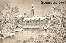 Vtg. Danish Merry Christmas Postcard - City Hall, Copenhagen, Denmark. #-8368