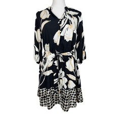 Umgee Women Dress S Black Floral Rayon Blend Mini Belted V-Neck 3/4 Sleeve