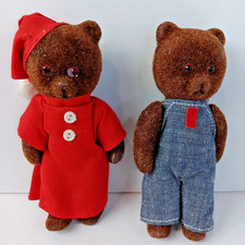 Set Of 2 Vintage Brown Bear Figurine Flocked Denim Outfit 5  Toy Arms Legs...