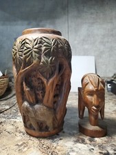 Wood Vase Sculpture Art Hand Carved Elephant Jungle Trees, Small Head