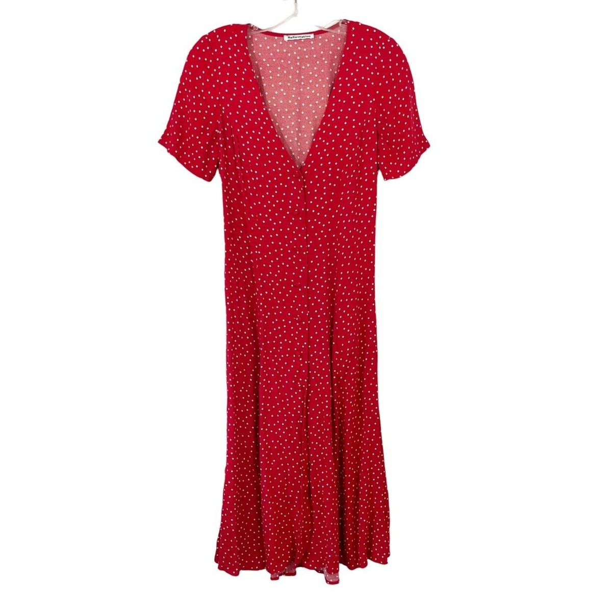 Reformation Breanna Dress Red Polka Dot Button Midi Short Sleeve