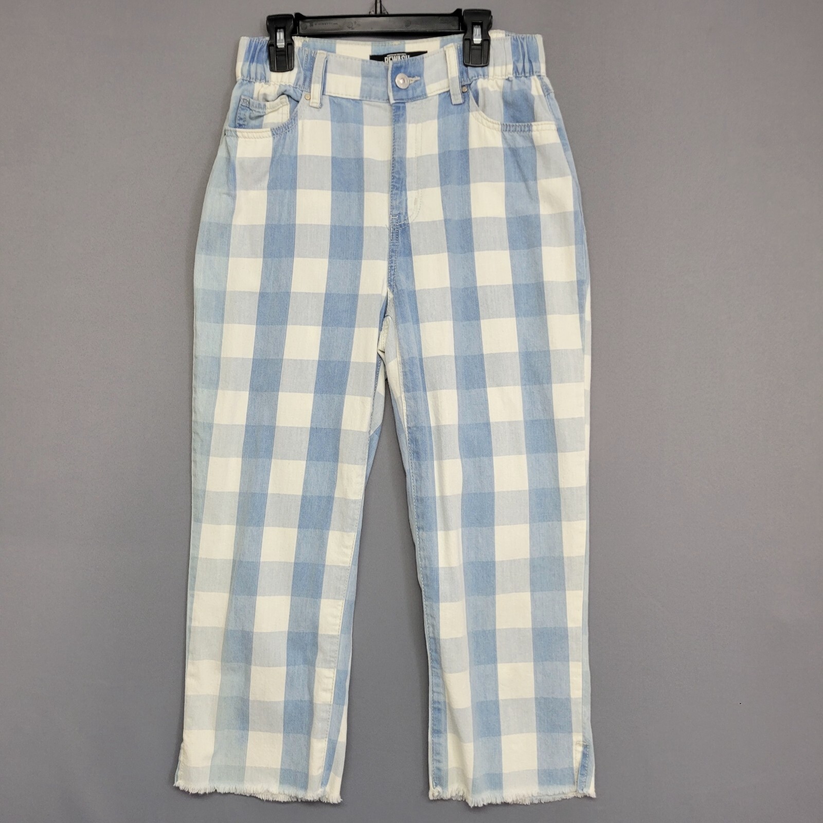 Rewash Capris Pants Womens Juniors 3 Blue White Checks Raw Hem Pockets High Rise