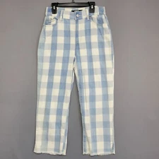 Rewash Capris Pants Womens Juniors 3 Blue White Checks Raw Hem Pockets High Rise