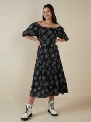 LOV Black Floral Tiered Jerry Dress Off Shoulder Embroidered Black New  Medium M | eBay