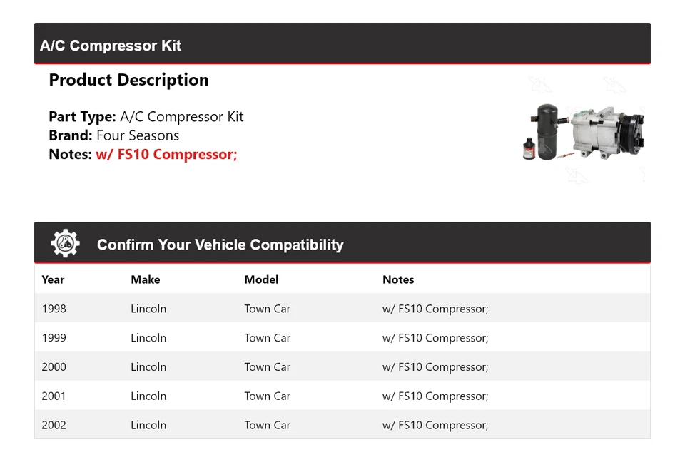 Kit de compresor de aire acondicionado para Lincoln Town Car 1998-2002 4 estaciones 1999 2000 2001 Foto 2 de 4