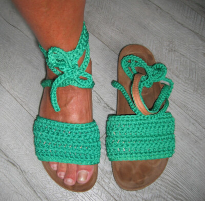 EHM Sandalen Handmade in Italy Grün Häkel-Look Korksohle Gr 40 150 