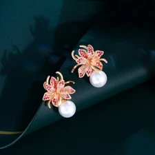 Pretty Pink Red Cubic Zirconia Women Blooming Flower Dangle Drop Pearl Earrings