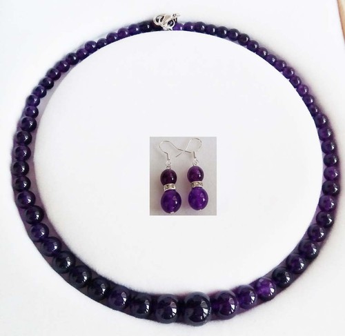 Fashion 6-14mm Purple Amethyst Gemstones Round Necklace Earrings Set 18" - Picture 5 of 6