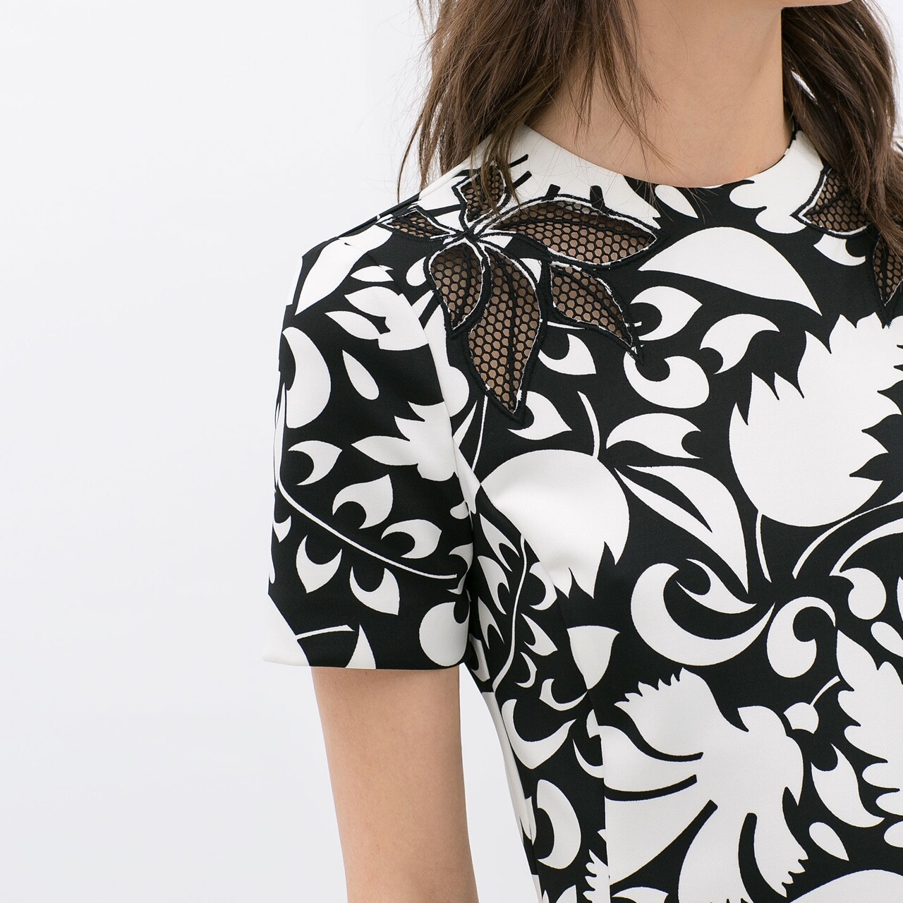 Zara Black and White Floral Mini Dress with Mesh Deta… Gem