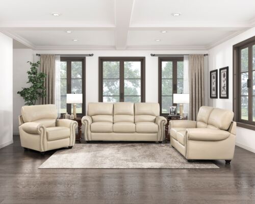 TOP GRAIN LEATHER MATCH CREAM SOFA COUCH LIVING ROOM FURNITURE - Picture 6 of 6