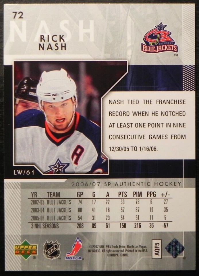 2006-07 06/07 SP Authentic #72 Rick Nash Columbus Blue Jackets - Image 2 of 2
