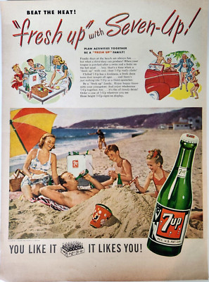 Beach Family 7 Up Soda Pop Cooler Vintage 1948 Ad Seven Glass Bottle