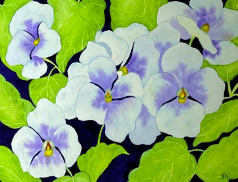 PAINTING WATERCOLOR 11X14 AND WHITE MAT 16X20 FLOWERS PANSY PURPLE BLUE LAVENDER