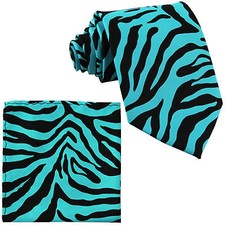 New Men's zebra animal print black blue necktie  hankie set wedding formal