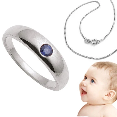 FACHHANDEL-DIREKT Taufring für Jungen mit blauen Safir und Kette Taufe Geschenk Echt Silber 925