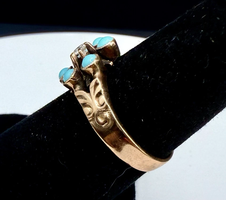 Late 19th Century Forget Me Not Ring 15k Gold Turquoise And Diamond Size 6 - Image 4 of 4