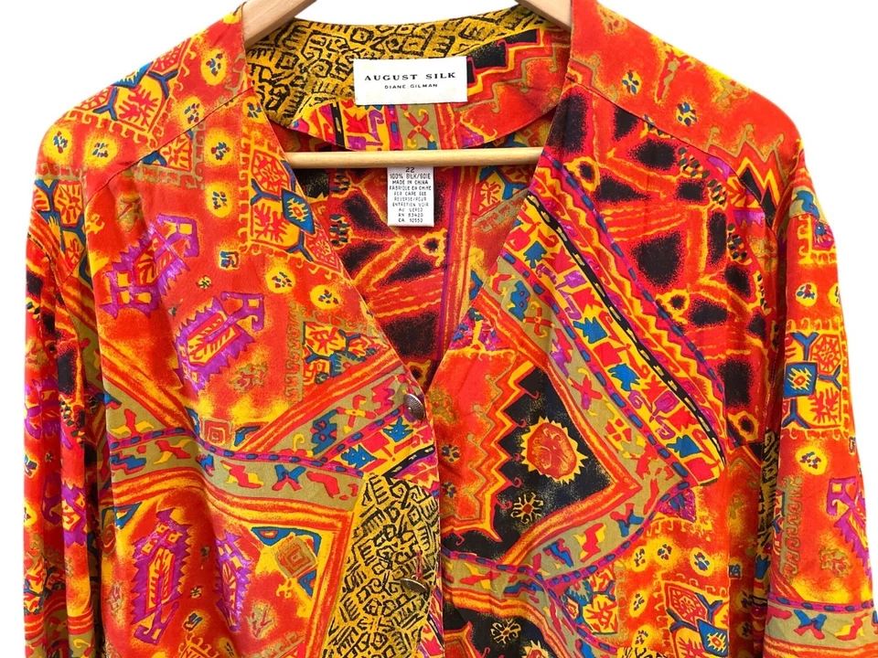 Camisa bohemia de seda vintage August Silk Diane Gilman con botones retazos talla 22 Foto 2 de 4