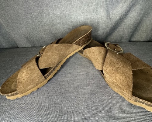 Yokono Spain Brown Suede Crisscross Strap Buckle Slip On Slide Sandal Sz 7.5 - Picture 7 of 10
