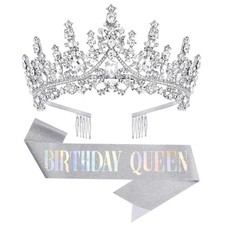 Papoopy Birthday Tiara Crown with Sash for 1 Count Pack of 1 , C - 2 Silver
