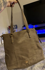 Kathy Van Zeeland Taupe Tote Shoulder Bag Zip Gold Hardware Purple Lining