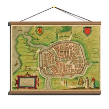 Antique 1575 Early View Map Town Plan of Haarlem; Canvas, Magnetic Wooden Hanger