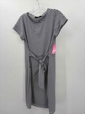 Pre-Owned Merokeety White Size Medium Stripe Midi Short Sleeve Dress
