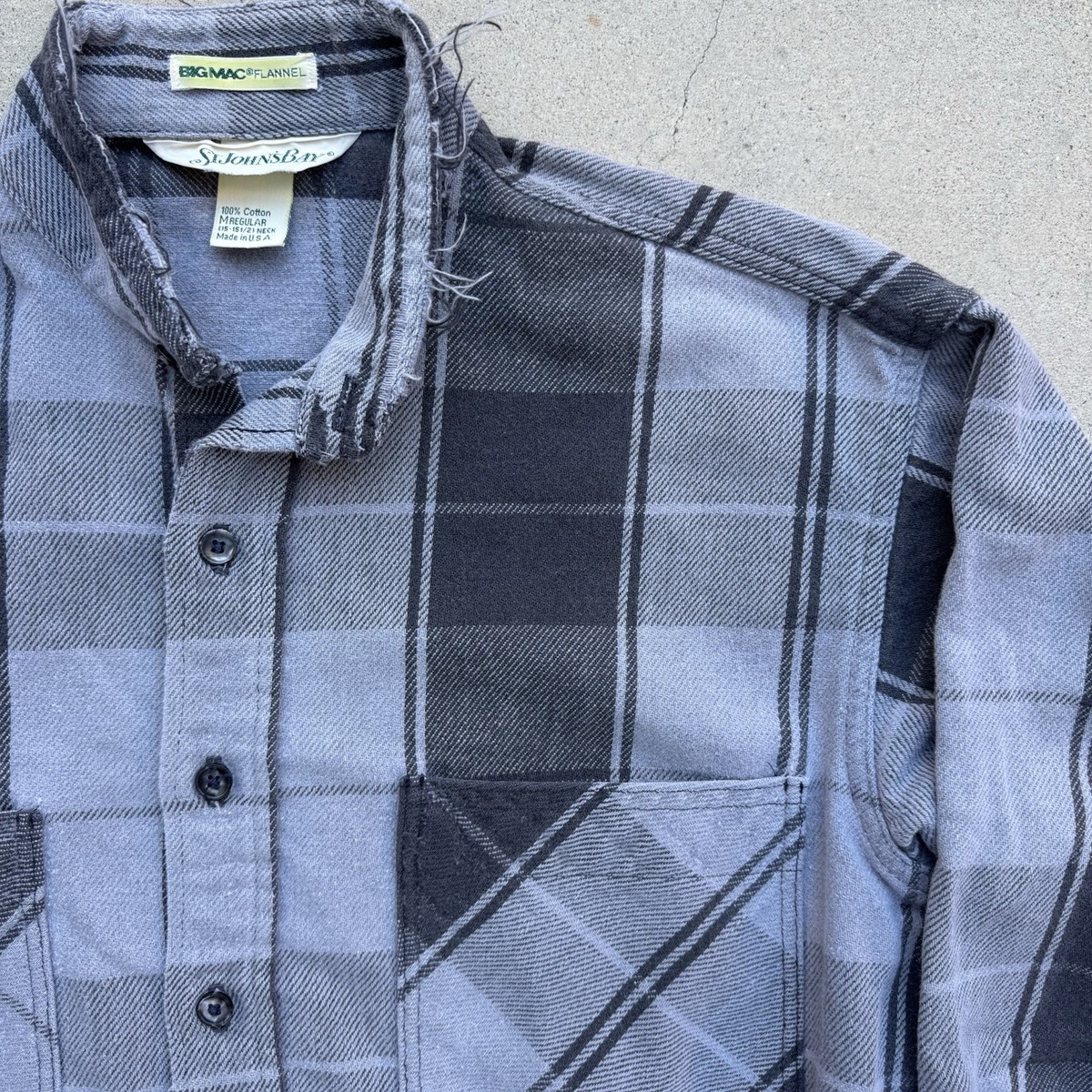 St John's Bay Big Mac Flannel Grey And Black Plaid 80s Made In USA