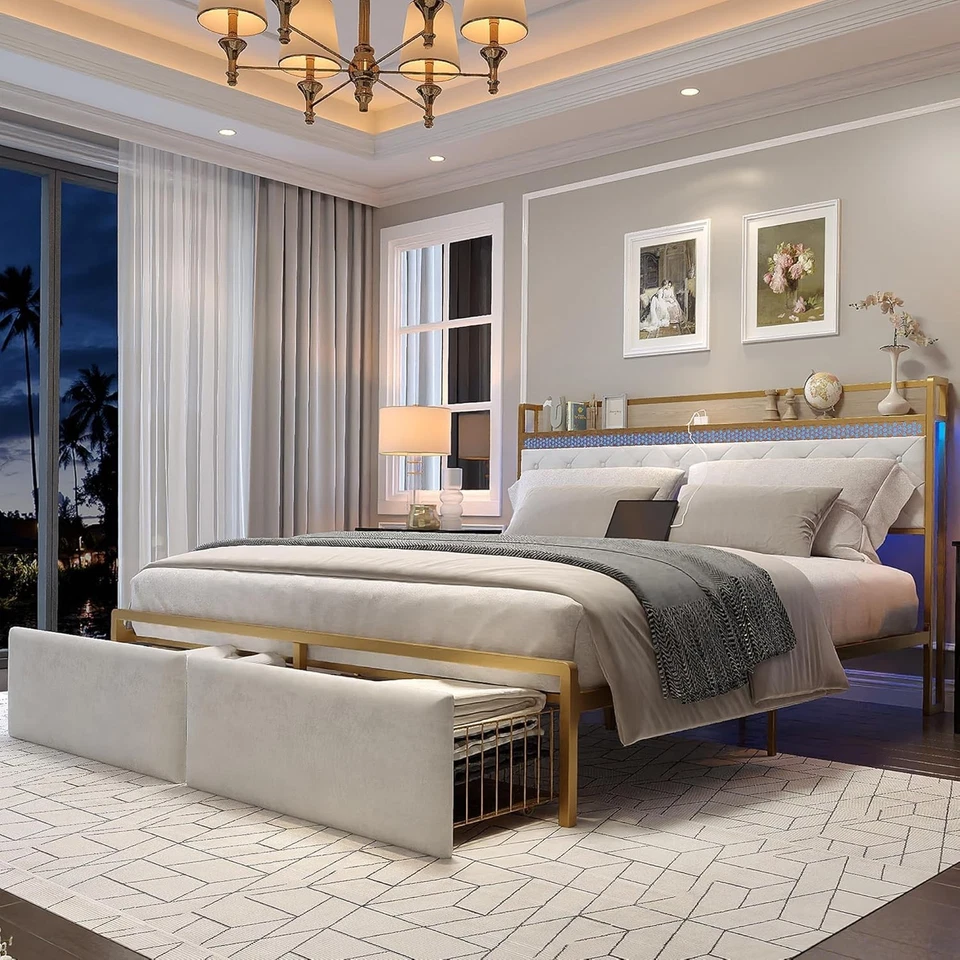 Marco de cama dorado tamaño king con luces LED y estación de carga y 2 cajones Foto 3 de 4