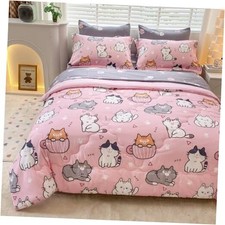 7 Piece Girlss Comforter Set Size Bed in A Bag Pink Cute Cartoon Pet Twin Cat