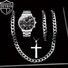 Men's Sport Watch Set - 4pcs Stainless Steel Bracelet Chain Necklace Gift Set