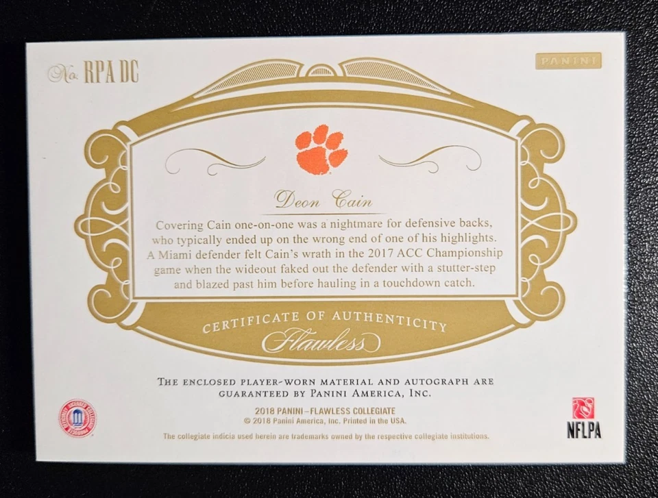 2018 Flawless Deon Cain Rookie Patch Auto On Card Gold SP /25 Clemson Tigers - Image 2 of 2