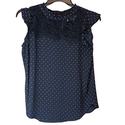 LOFT Black & White Polka Dot Lace Mock Neck Flutter Sleeve Blouse Top Women's S