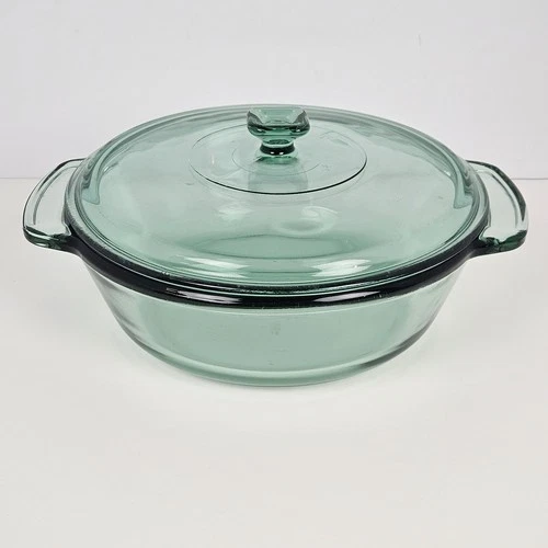 Vintage Anchor Hocking 2 Quart Green Glass Casserole Bowl Dish 9" W/ Lid Oven