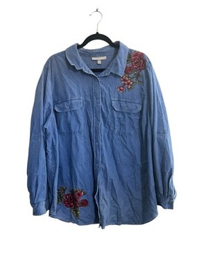 Woman Within Button Top 1X (22-24) Blue Corduroy Top Embroidered Floral #7147