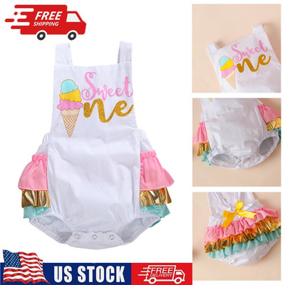 Baby Girls Ice Cream Romper Birthday Outfit Cake Smash Dress Party Clothing Suit