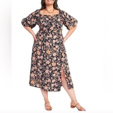 Old Navy Puff-Sleeve Floral-Print Pintucked Smocked Midi Swing Dress size XL