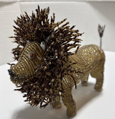 Vintage Handmade Wire & Glass Beaded Lion Figurine Africa Safari Animal Art