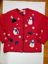 Christmas Sweater Croft  Barrow Womens Large Red Cardigan Snowmen Snowflakes