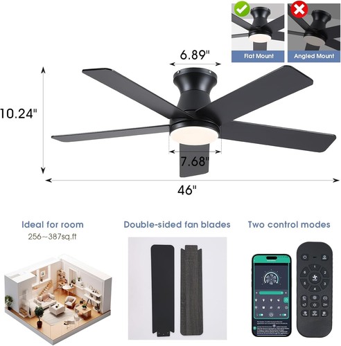 46" Black Ceiling Fan with Lights & Remote, Quiet DC Motor, Modern Flush Mount - Picture 3 of 8