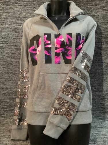 Victoria's Secret Pink Bling Floral Quarter Zip Pullover Gray Silver Logo M NWT - Picture 9 of 11