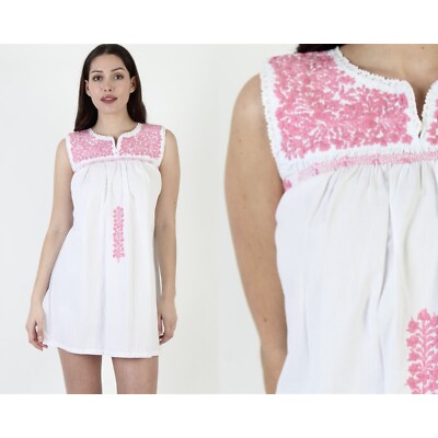 All Pink Embroidered Mexican San Antonio Mini Dress V Neck Oaxacan Short  Puebla | eBay