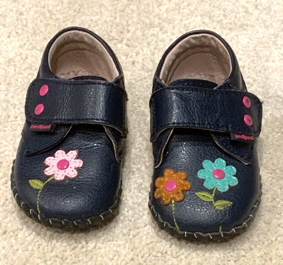 Pediped Girls Shoes, 1824 Months, Navy with Flowers, Leather Toddler