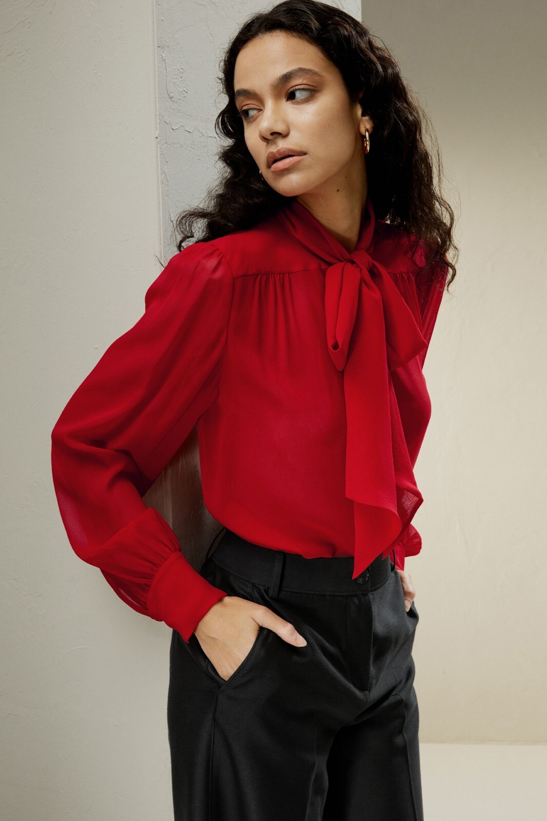 LilySilk Bow Tie Silk Jasmine Blouse Red Size XL