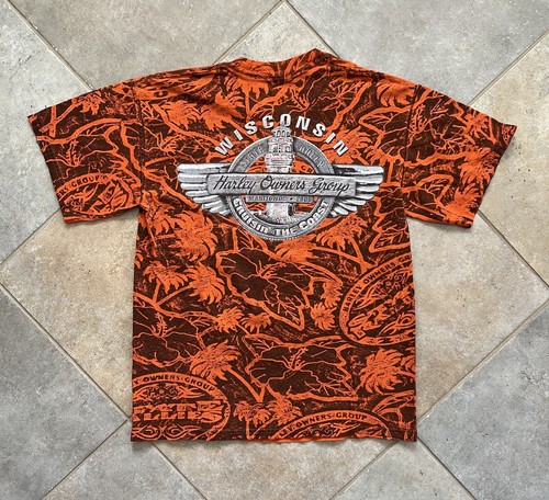 y2k 2005 HOG Harley Davidson Wisconsin State Rally Orange AOP Biker Tee - Picture 5 of 6