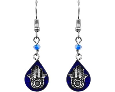 Blue Hamsa Dangle Earrings Teardrop Boho Protection Jewelry Handmade Peru