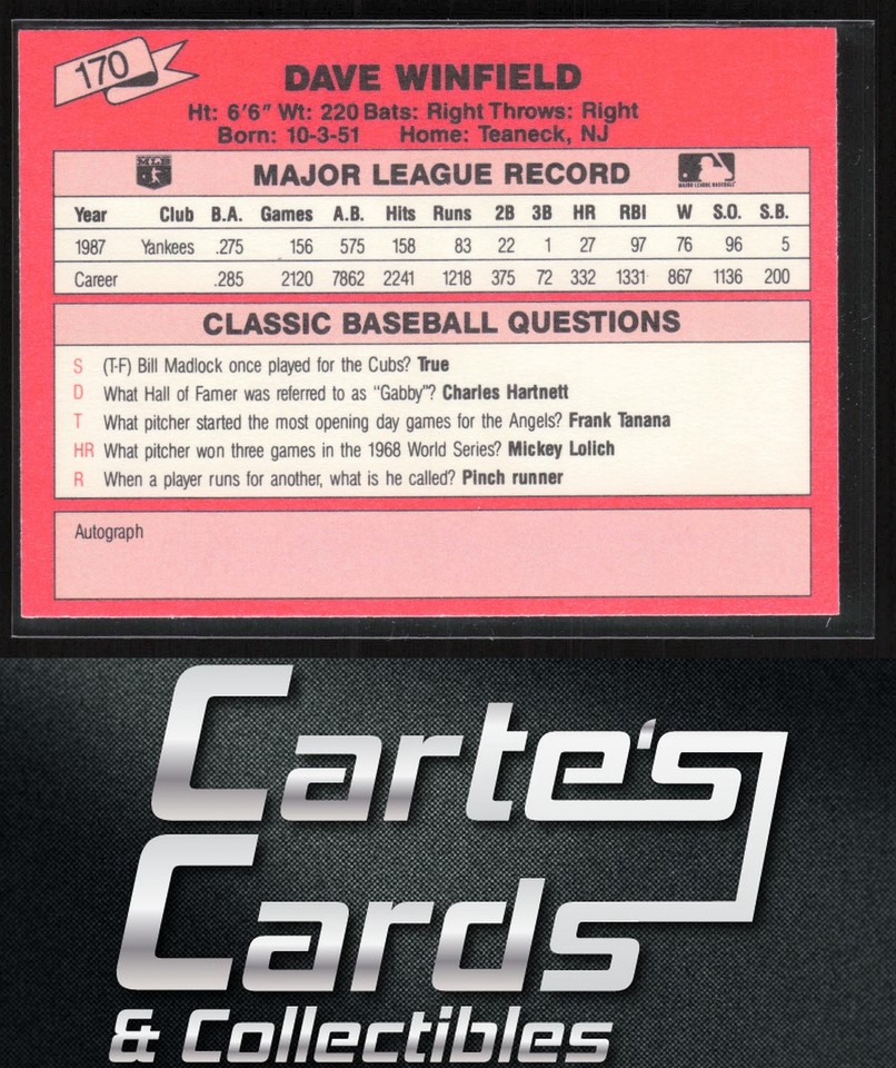 Dave Winfield 1988 Classic Red #170 New York Yankees Hall of Fame | eBay
