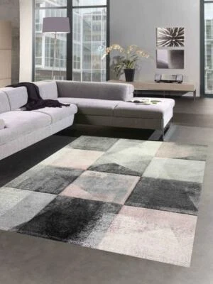 Tapis Abstrait Salon Couloir Design moderne à Carreaux en Crème Gris Rose - E .. - Photo 1/4