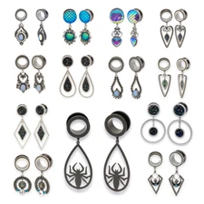 Pair of 316L Stainless Steel Plugs with Ornate Dangle tunnels dangling