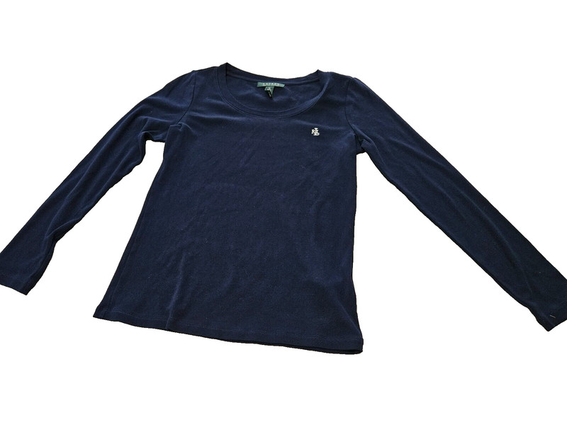 Ralph Lauren Girls Long Sleeve Navy Blue Logo Top 100% Cotton Size Medium