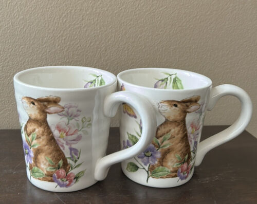 Maxcera Coffee Mugs Set Of 2 Cups New Easter Bunny Floral Spring Pattern - Picture 1 of 6